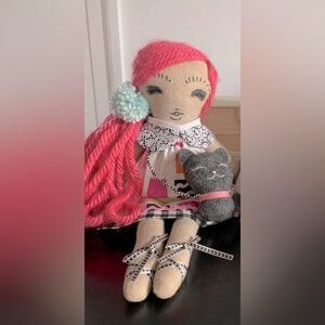 Handmade Custom Linen Doll Pink Hair and Gray Cat Kitty Heirloom Collectible Toy